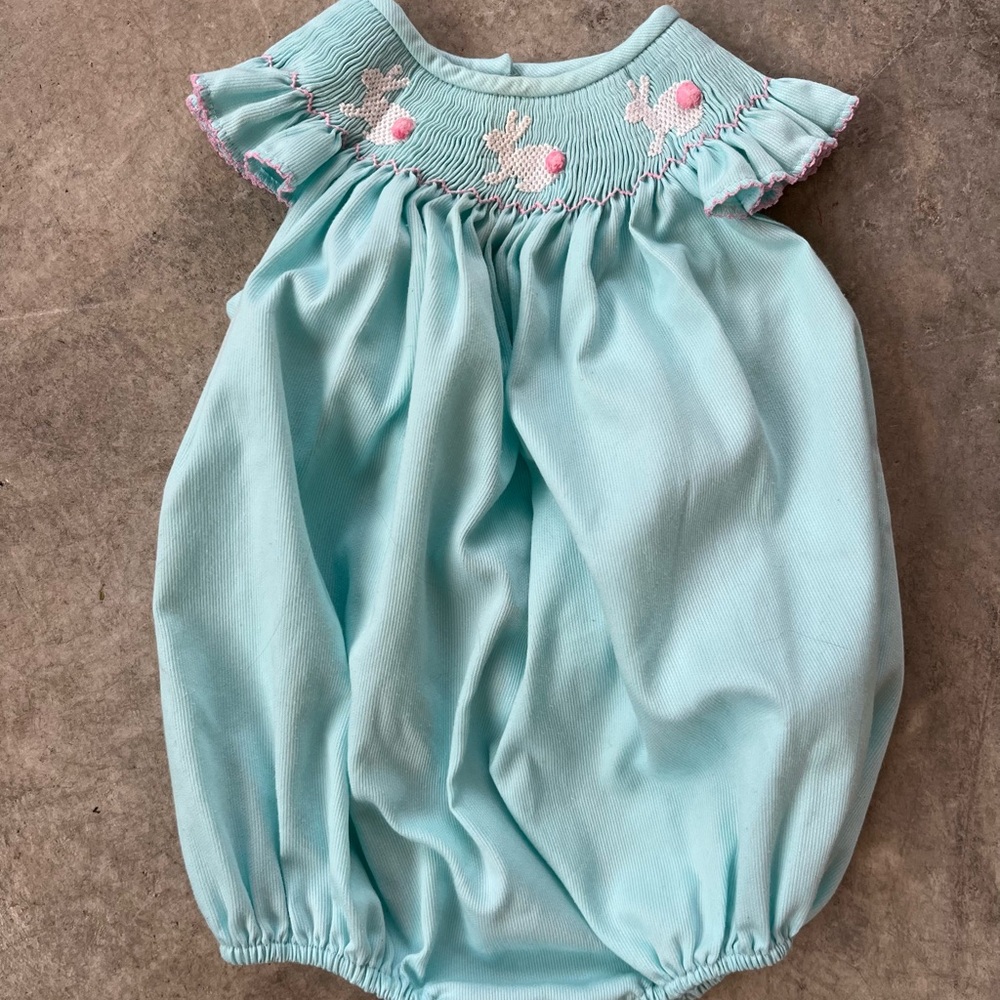 Girls Classic Whimsy 9Month Light Blue Bunny Smocked Bubble